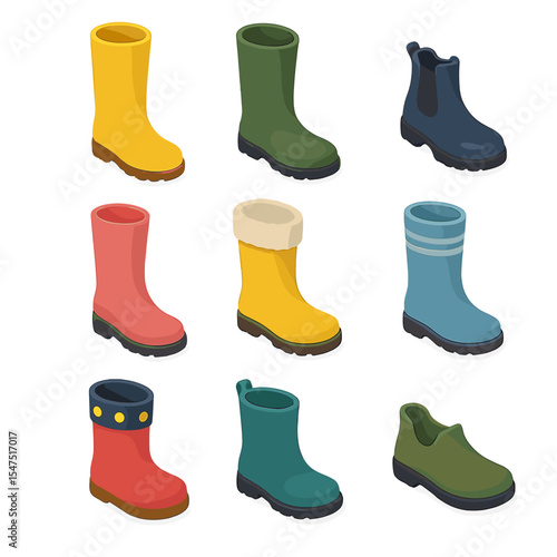 Rain Boot Icons. Isometric Flat icon set of rain and waterproof boots: rubber boot, Wellington boot, galoshes, muck boot,