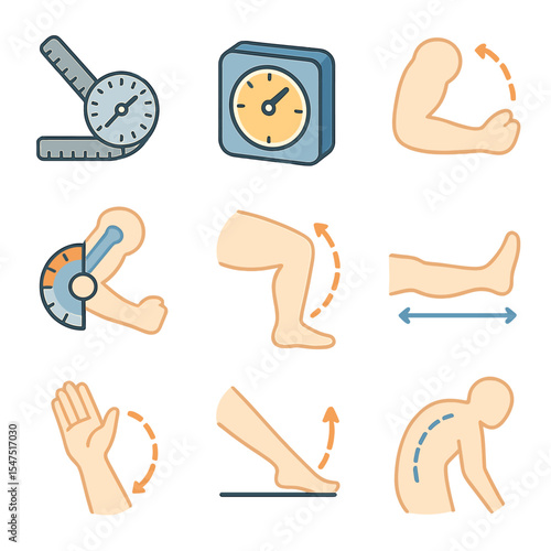 Range of Motion Icons. Isometric Flat icon set of range of motion measurement: goniometer protractor, inclinometer, arm flexion