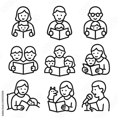 Reading Icons Outline. Outline icon set of parent-child reading: mother and child, father and child, grandparent reading, sibling