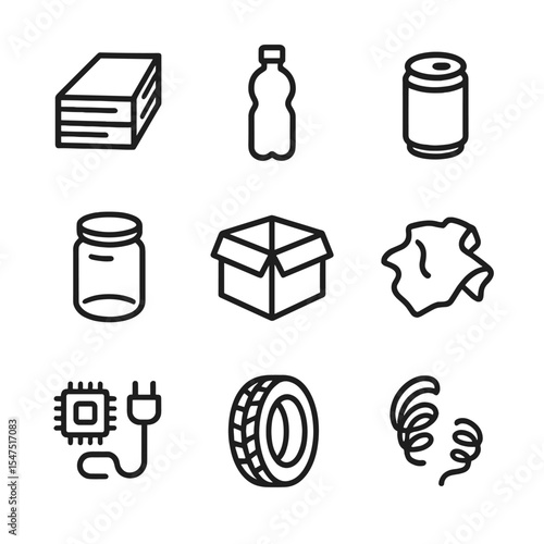 Recycled Materials Icons. Outline icon set of recycled materials: paper ream, plastic bottle, aluminum can, glass jar, cardboard