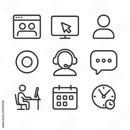 Remote Testing Icon Set. Outline icon set of remote testing setup: video call window, screen share cursor, participant avatar,