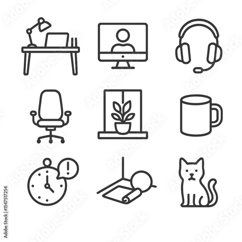 Remote Work Icons. Outline icon set of remote work well-being: home office desk, video call screen, noise-cancelling headset,