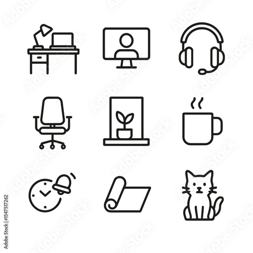 Remote Work Icons. Outline icon set of remote work well-being: home office desk, video call screen, noise-cancelling headset,