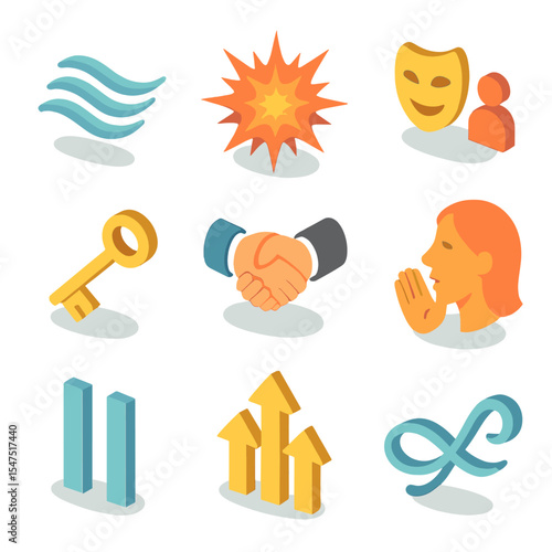 Rhetorical Device Icons. Isometric Flat icon set of rhetorical devices and figures: alliteration waves, hyperbole explosion,