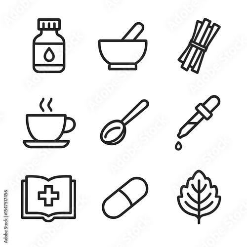 Rhubarb Medicinal Icons. Outline icon set of rhubarb medicinal uses: herbal tincture bottle, mortar and pestle, dried stalk bundle