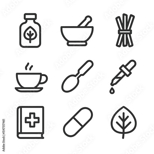 Rhubarb Medicinal Icons. Outline icon set of rhubarb medicinal uses: herbal tincture bottle, mortar and pestle, dried stalk bundle