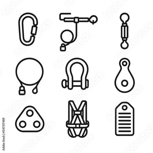 Rigging Safety Icons. Outline icon set of rigging and safety equipment: carabiner, load binder, turnbuckle, safety cable, rigging