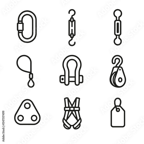 Rigging Safety Icons. Outline icon set of rigging and safety equipment: carabiner, load binder, turnbuckle, safety cable, rigging