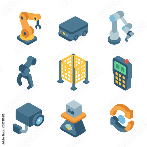 Robotics Icon Set. Isometric Flat icon set of robotics integration: articulated robot, AGV vehicle, collaborative cobot, end