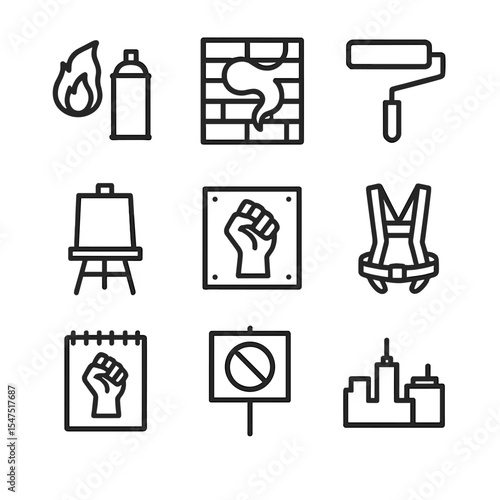 Rooftop Art Icon Set. Outline icon set of rooftop art activism: stencil spray can, mural wall, paint roller, artist easel, protest