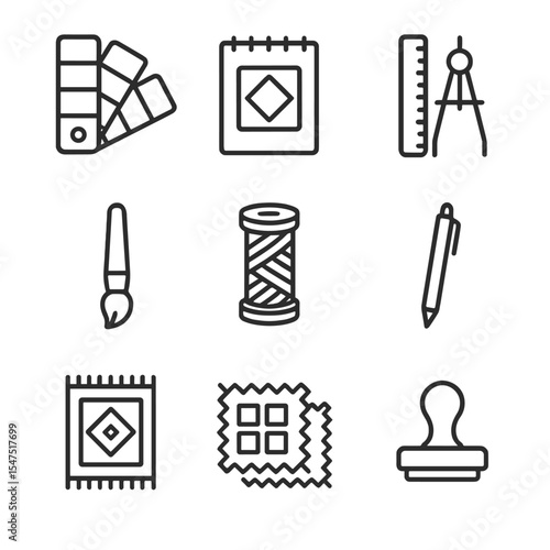 Rug Design Tool Icons. Outline icon set of custom rug design tools: color palette, sketch pad, ruler and compass, paintbrush, yarn