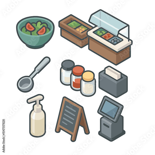 Salad Bar Icon Set. Isometric Flat icon set of salad bar stations: self-serve bowl, ingredient station, sneeze guard, portion