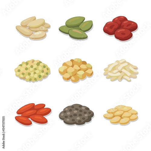 Salad Topping Icons. Isometric Flat icon set of salad toppings: sunflower seeds, pumpkin seeds, dried cranberries, hemp hearts,