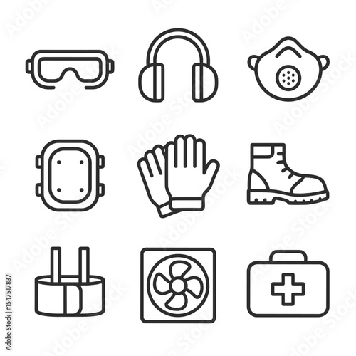 Safety Gear Icons. Outline icon set of safety and ergonomics: safety goggles, ear muffs, dust mask, knee pads, work gloves,