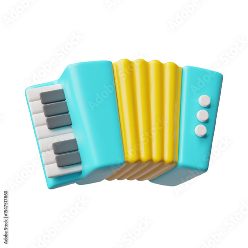 Harmonic 3D cartoon plastic style vector illustration, accordion wind instrument with keys for melodies performances