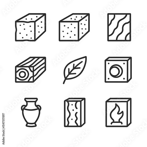 Sarcophagus Materials Icons. Outline icon set of sarcophagus materials: limestone block, granite slab, marble panel, wood plank,