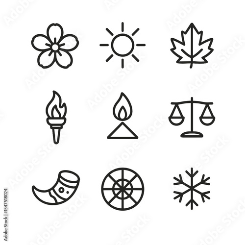 Seasonal Icon Set. Outline icon set of seasonal sabbat circle: spring blossom, summer sun, autumn leaf, winter snowflake, harvest
