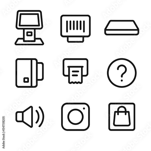 Self-Checkout Icons Set. Outline icon set of self-checkout kiosks: touchscreen, barcode scanner, scale pad, card reader, receipt