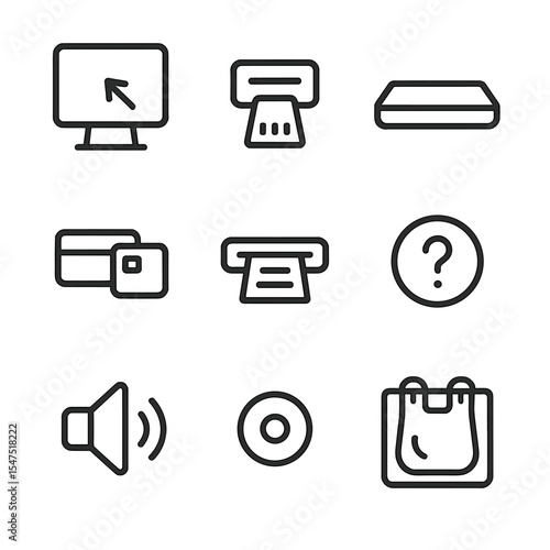 Self-Checkout Icons Set. Outline icon set of self-checkout kiosks: touchscreen, barcode scanner, scale pad, card reader, receipt