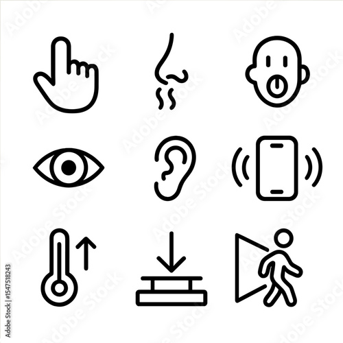 Sensory Interaction Icons. Outline icon set of sensory interactions: touch, smell, taste, sight, sound, vibration alert,