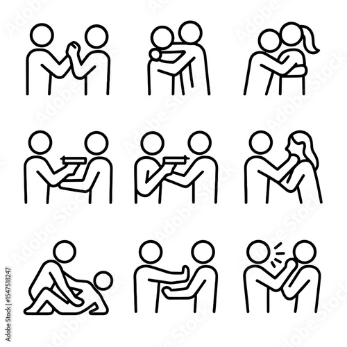 Self-Defense Icon Set. Outline icon set of self-defense moves: wrist grab escape, choke defense, bear hug escape, knife disarm,