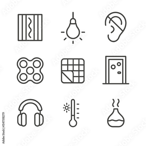 Sensory-Friendly Icon Set. Outline icon set of sensory-friendly spaces: noise reduction panel, soft lighting icon, quiet zone sign