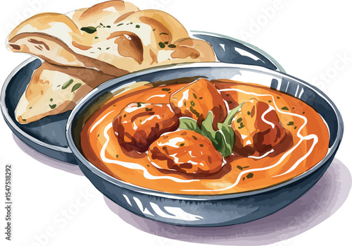 A watercolor illustration of butter chicken in creamy orange curry, served with fluffy naan and green garnish