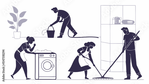 Group of people doing house cleaning chores housework domestic tasks daily routine lifestyle mopping sweeping laundry at home vector illustration