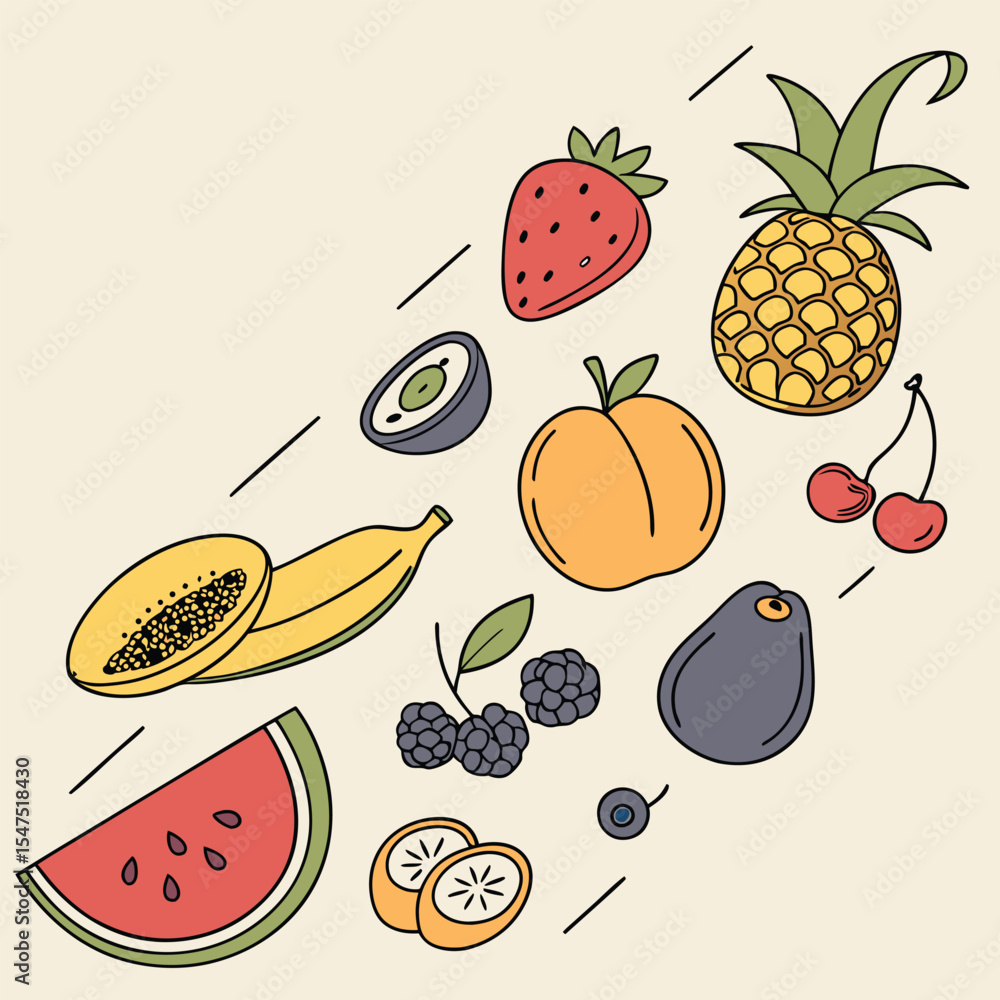 Flatlay Illustration Diverse Colorful Fruits Banana Papaya Watermelon Pineapple Strawberry Peach Blackberries Flatlay Illustration Diverse Colorful Fruits Banana Papaya Watermelon Pineapple Strawberry Peach Blackberries