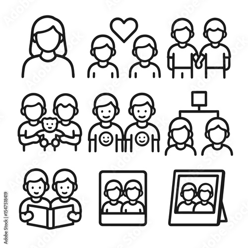 Sibling Bond Icons. Outline icon set of siblings as best friends portraits: older sibling silhouette, younger sibling silhouette,