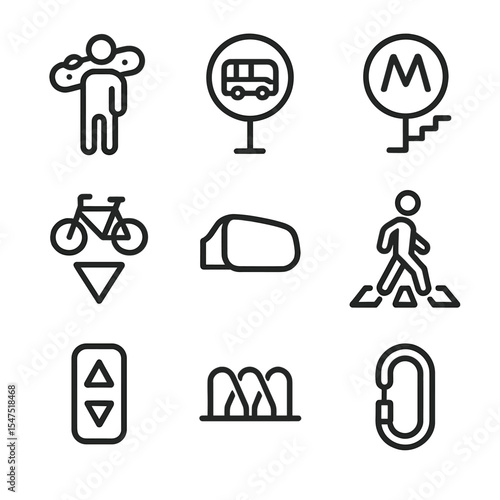 Skater Transport Icons. Outline icon set of transport options for skaters: deck on shoulder, bus stop sign, subway entrance, bike