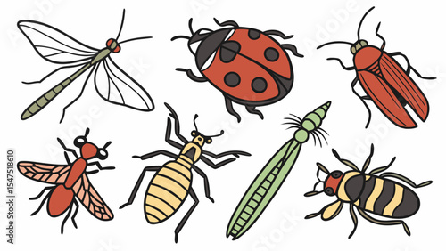 Cute Cartoon Insects and Bugs Set. Simple Hand Drawn Doodle Style Collection. Nature, Wildlife, Kids.