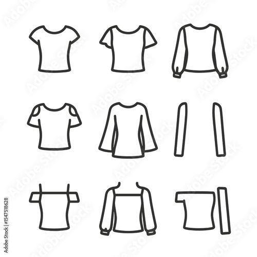 Sleeve Variations Icon Set. Outline icon set of sleeve variations: cap sleeves, flutter sleeves, bishop sleeves, cold-shoulder,
