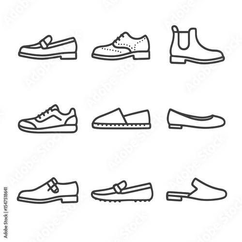 Smart Casual Footwear Icons. Outline icon set of smart casual footwear options: loafers, brogues, Chelsea boots, sneakers,
