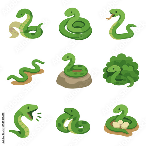 Snake Behaviors Icons. Isometric Flat icon set of snake behaviors: shedding skin, coiling posture, striking pose, slithering track