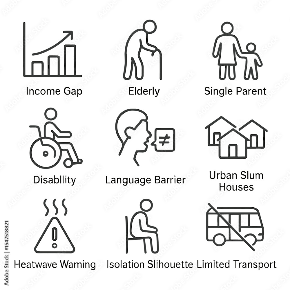 Social Vulnerability Icons. Outline icon set of social vulnerability factors: income gap bar, elderly figure, single parent icon, Social Vulnerability Icons. Outline icon set of social vulnerability factors: income gap bar, elderly figure, single parent icon,