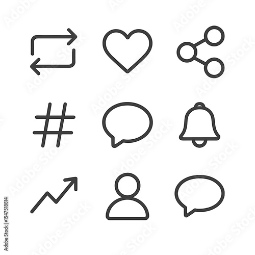 Social Media Icons. Outline icon set of social media quote sharing: retweet arrows, like heart, share icon, hashtag, comment