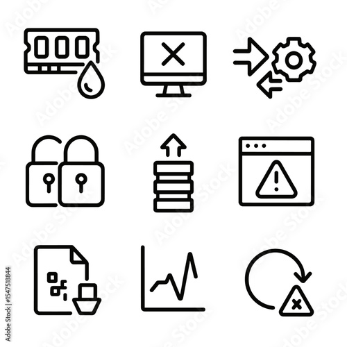 Software Risk Icons. Outline icon set of software reliability risks: memory leak, crash dump, race condition, deadlock, buffer