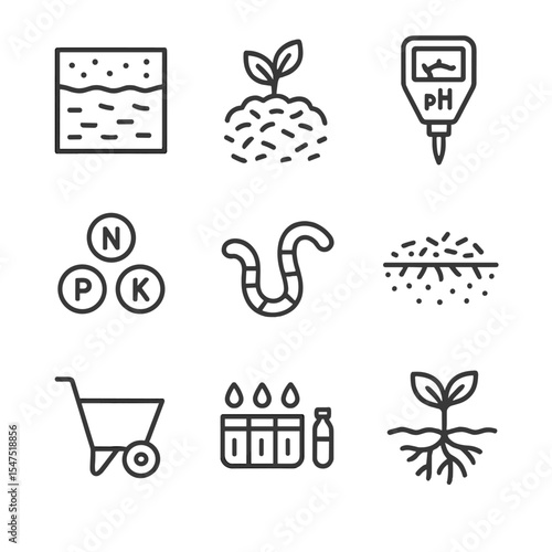 Soil Fertility Icons. Outline icon set of soil fertility management: soil profile, organic matter, pH meter, nutrient icons,
