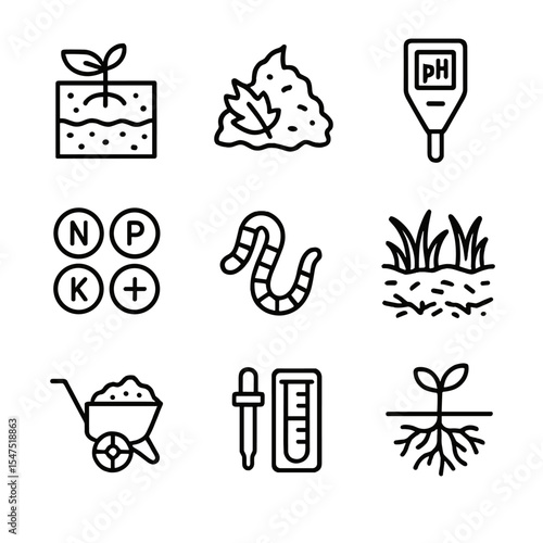 Soil Fertility Icons. Outline icon set of soil fertility management: soil profile, organic matter, pH meter, nutrient icons,