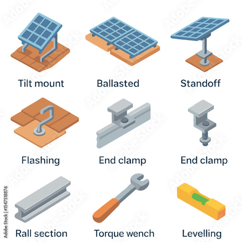 Solar Panel Icon Set. Isometric Flat icon set of solar panel roof racking and mounting: tilt mount bracket, ballasted rack,