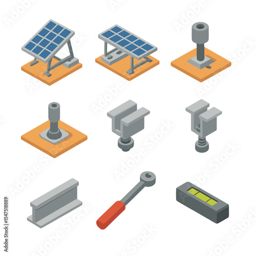 Solar Panel Icon Set. Isometric Flat icon set of solar panel roof racking and mounting: tilt mount bracket, ballasted rack,
