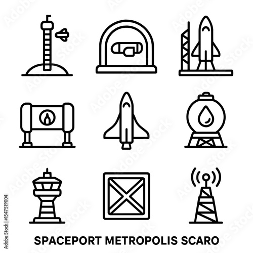Spaceport Icon Set. Outline icon set of spaceport metropolis: space elevator, docking bay, launchpad, zero-g transit tube, orbital