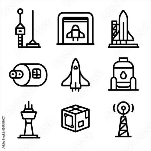 Spaceport Icon Set. Outline icon set of spaceport metropolis: space elevator, docking bay, launchpad, zero-g transit tube, orbital