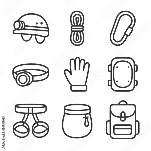 Spelunking Gear Icons. Outline icon set of spelunking gear: helmet with light, climbing rope, carabiner, headlamp, waterproof