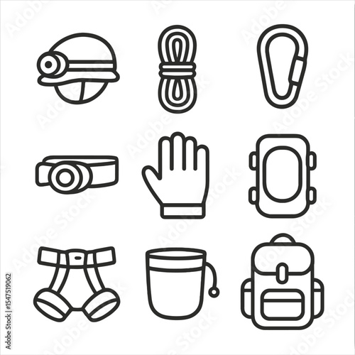 Spelunking Gear Icons. Outline icon set of spelunking gear: helmet with light, climbing rope, carabiner, headlamp, waterproof