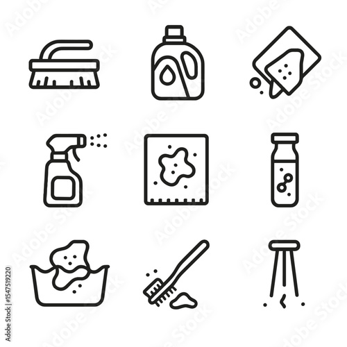 Stain Removal Icons. Outline icon set of stain removal: stain brush, detergent bottle, dabbing cloth, pretreatment spray, spot