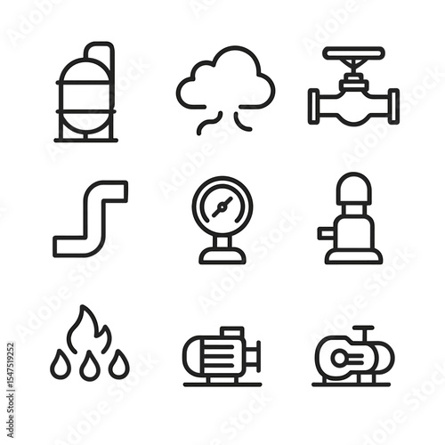 Steam Pressure Icons Set. Outline icon set of steam pressure generation: boiler, steam cloud, valve, pipe, gauge, safety valve,
