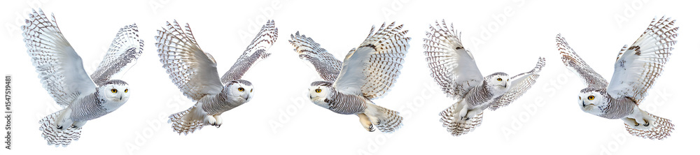 Fototapeta premium Snowy Owl Flying Sequence with Wings Outstretched in Mid-Air, Isolated on Transparent, white background