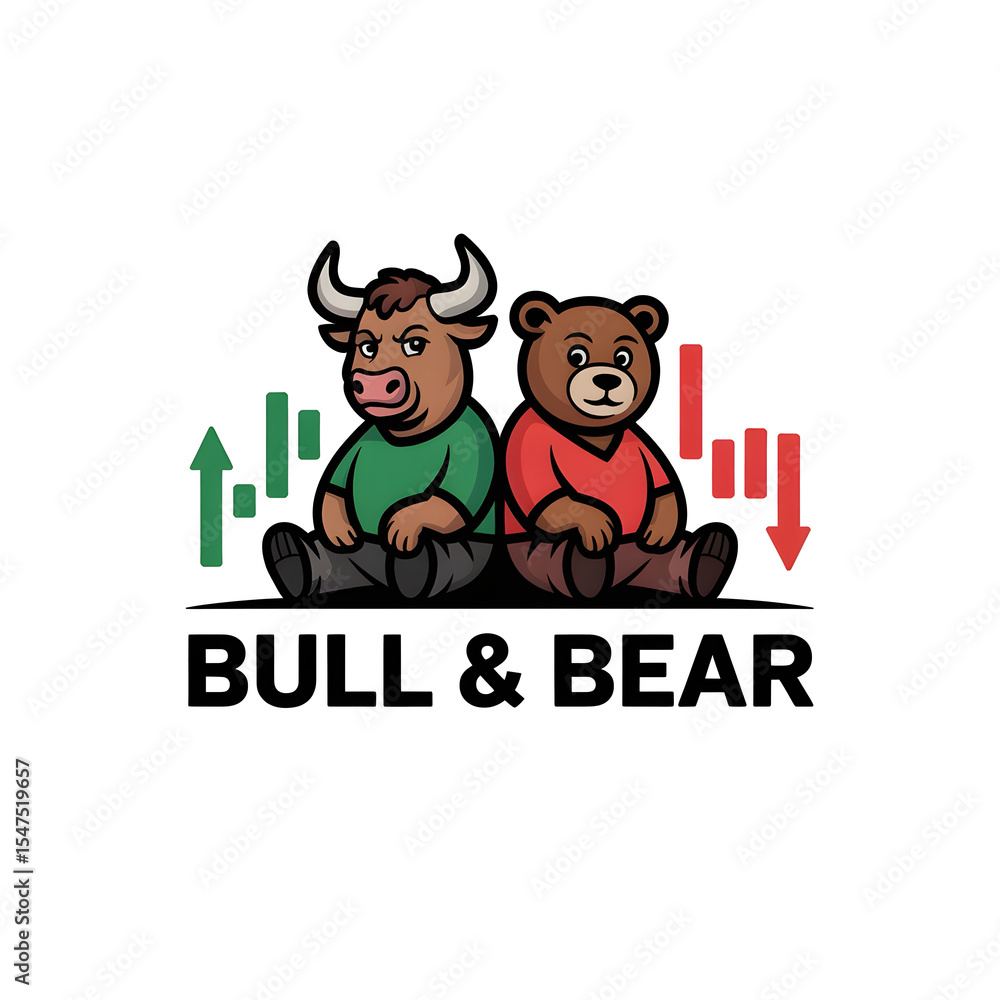 Fototapeta premium Bull and Bear Market Metaphor: The image shows an illustration of a bull and a bear, symbolizing the market trend, with financial charts around them.